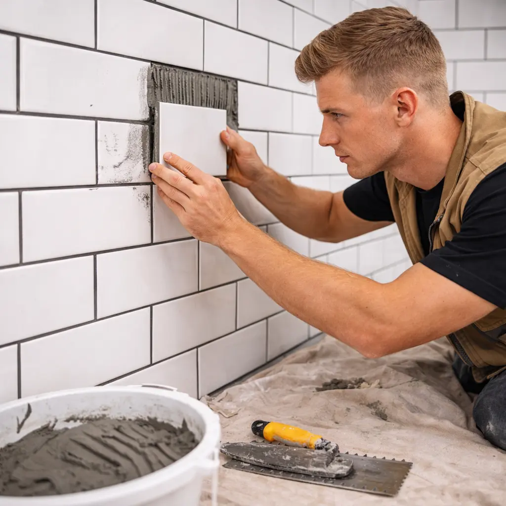 Applying ceramic wall tiles with adhesive on a kitchen or bathroom wall in a UK home