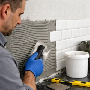 Applying tile adhesive evenly on a kitchen wall surface before installing ceramic tiles in a UK home