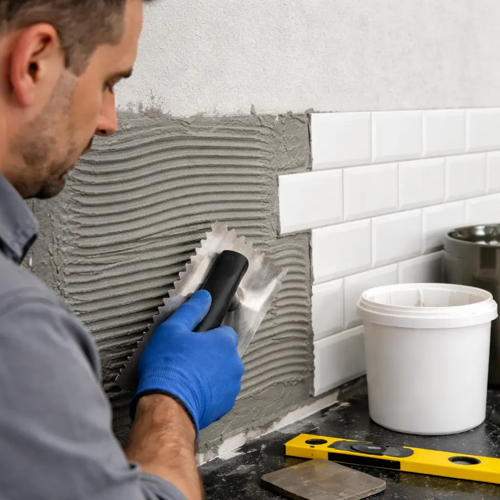 Applying tile adhesive evenly on a kitchen wall surface before installing ceramic tiles in a UK home