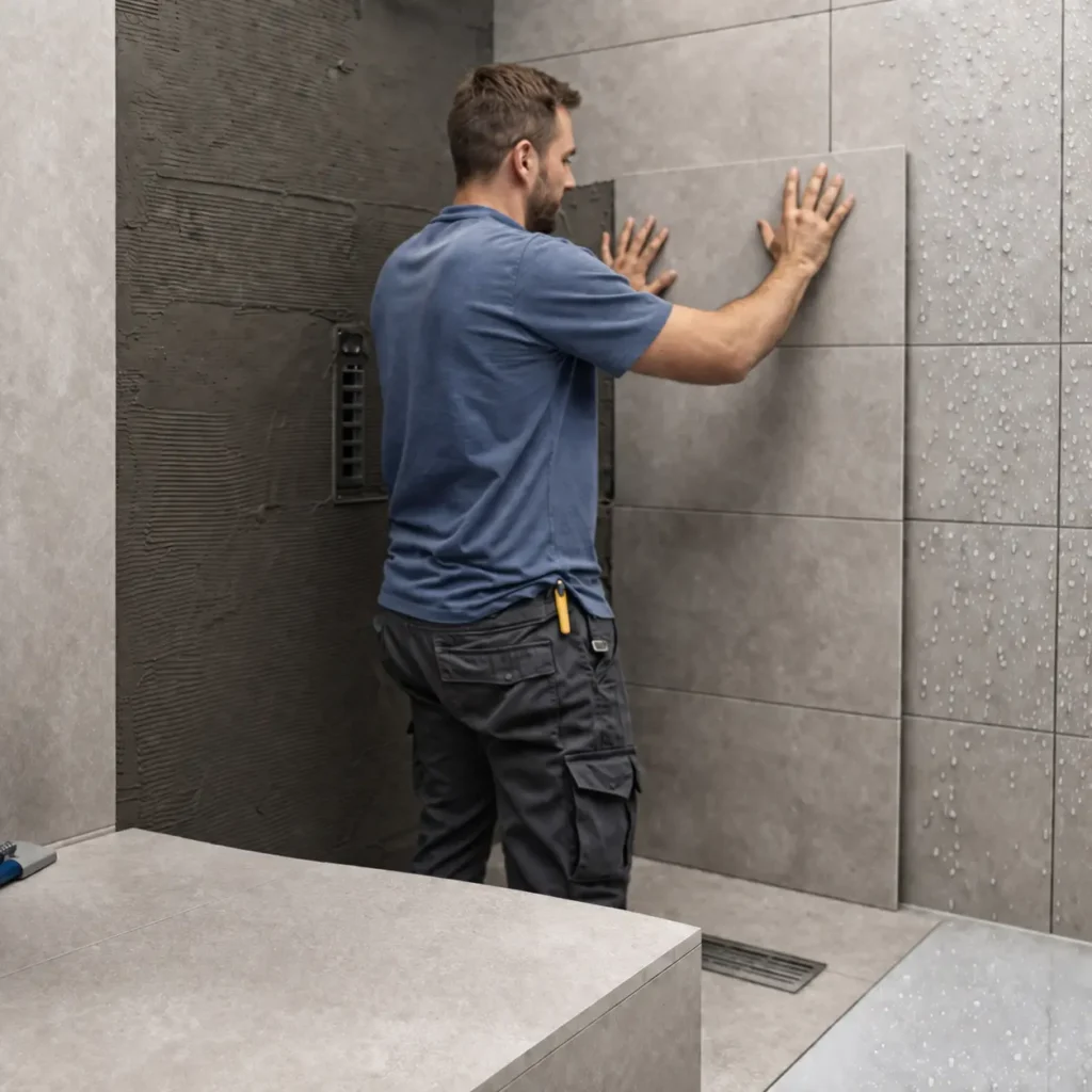 Professional tiler installing large porcelain wall tiles in a modern bathroom setting in a London home