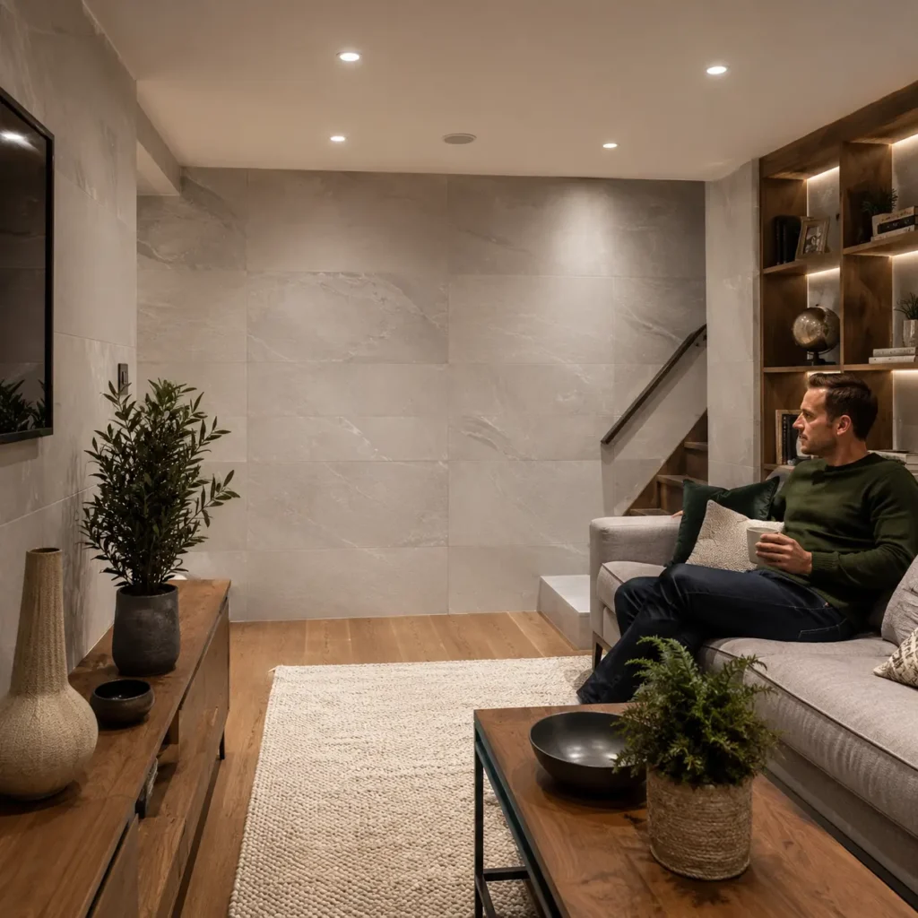 Modern London basement lounge with large grey porcelain wall tiles, wooden flooring, recessed lighting, and man relaxing on sofa with tea.