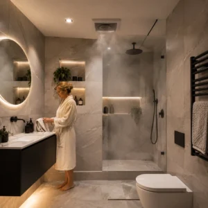 Contemporary London basement bathroom with marble effect porcelain wall tiles, walk in shower, ventilation system, and woman beside floating vanity.