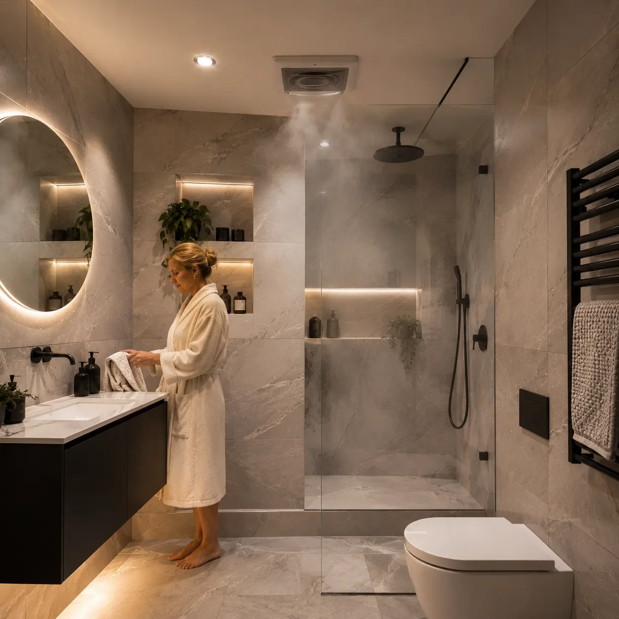 Contemporary London basement bathroom with marble effect porcelain wall tiles, walk in shower, ventilation system, and woman beside floating vanity.