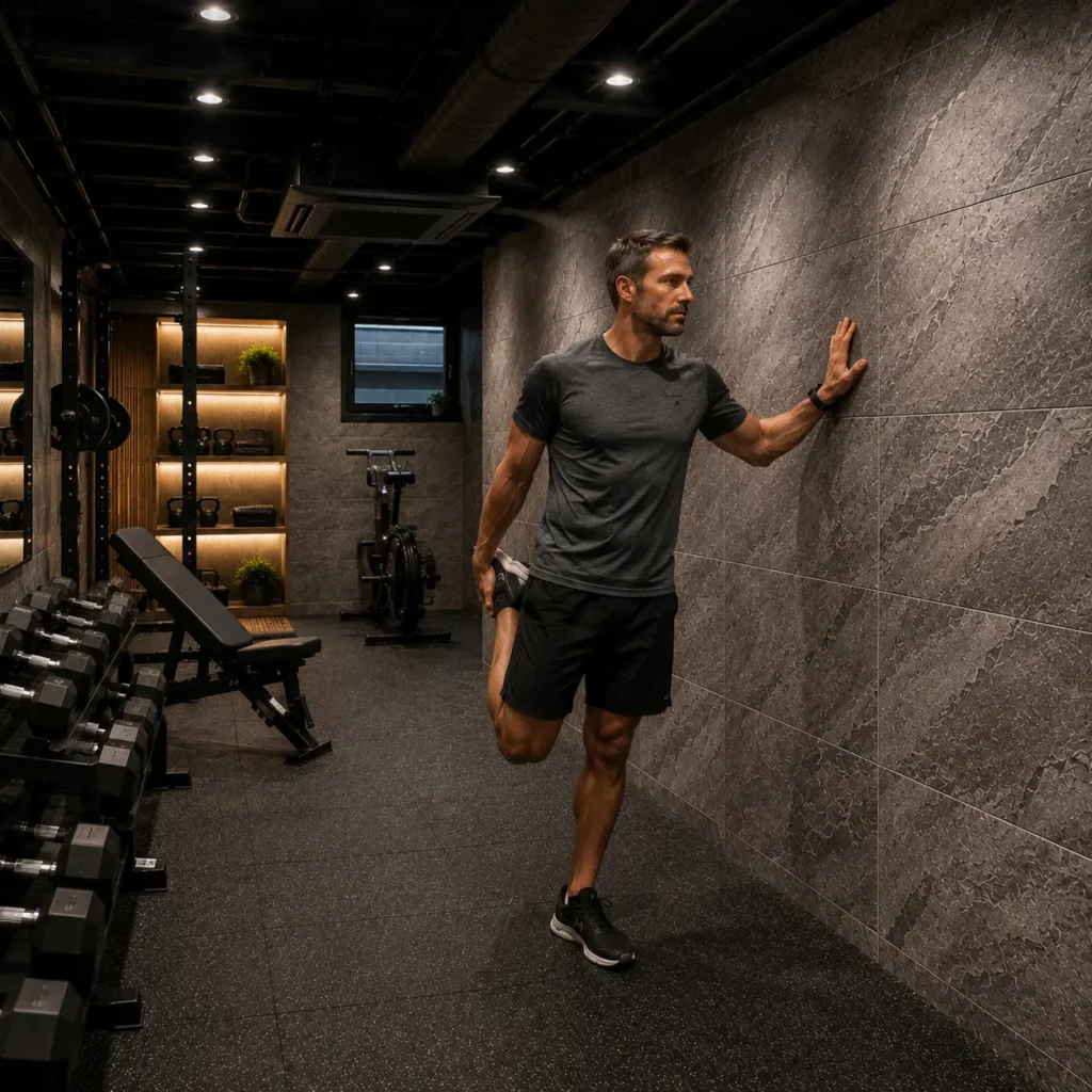 Modern basement gym in a London townhouse with dark stone effect wall tiles, compact fitness equipment, and man stretching against tiled wall.