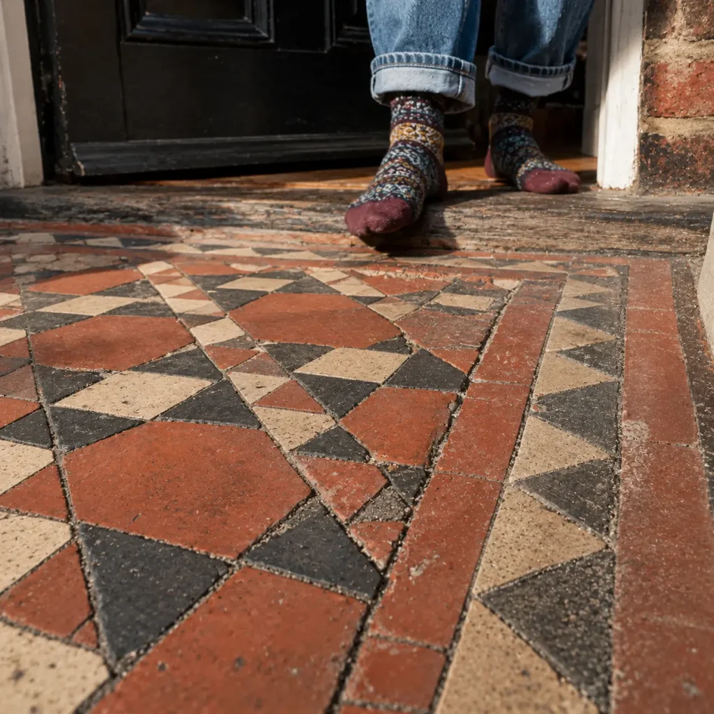 Close up of worn Victorian doorstep tiles with chipped grout lines inside a traditional London terraced house
