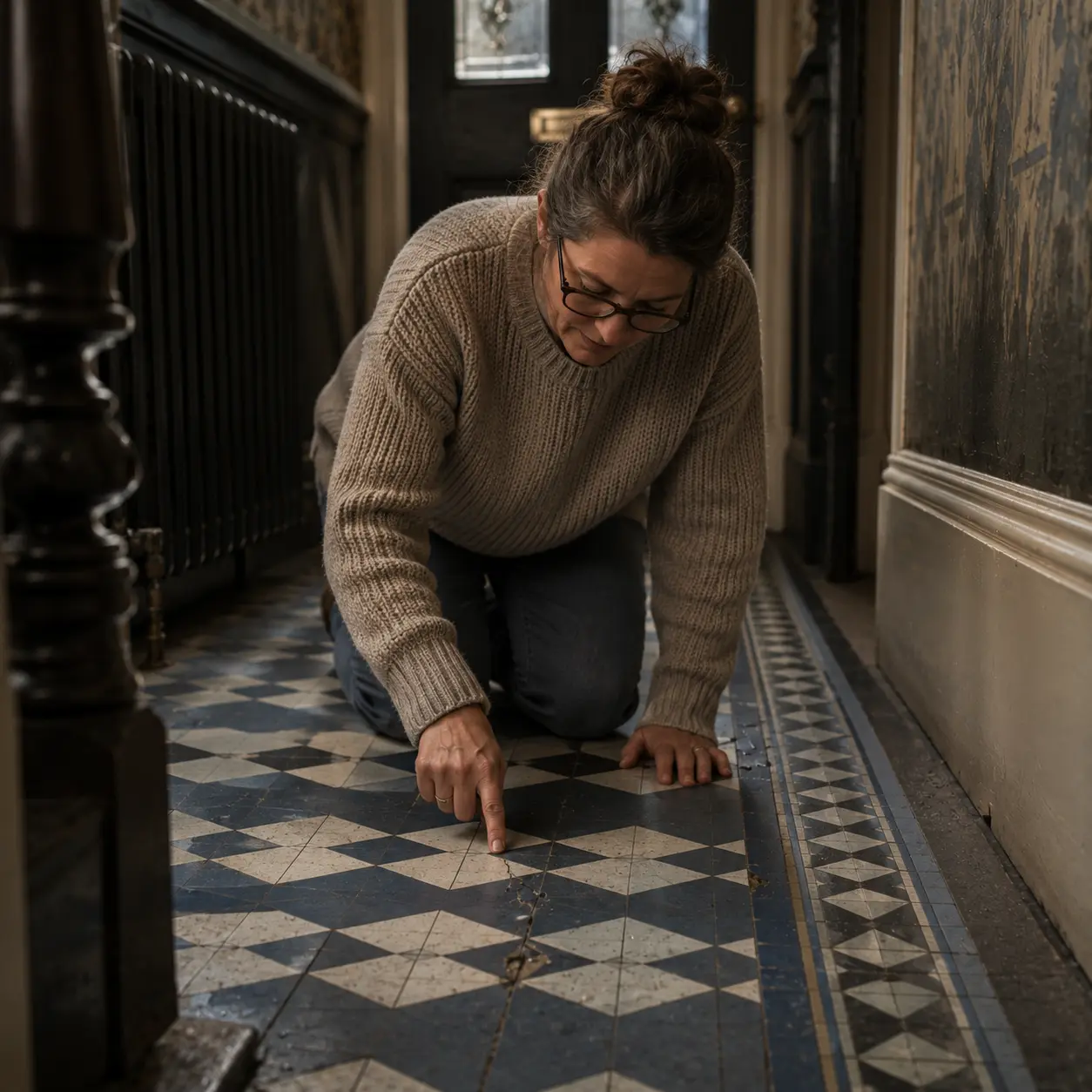 Woman kneeling to inspect cracked blue and white Victorian hallway tiles in a London period property