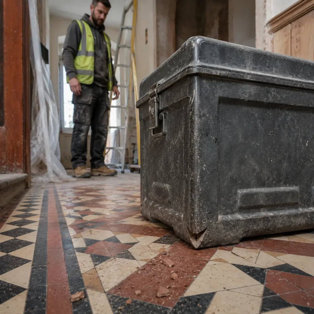 Builder standing beside damaged Victorian mosaic floor tiles during renovation work inside a London period property