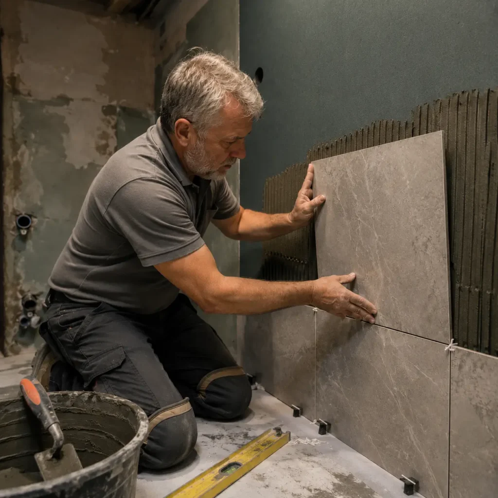Commercial tiler installing large porcelain wall tiles during London office refurbishment