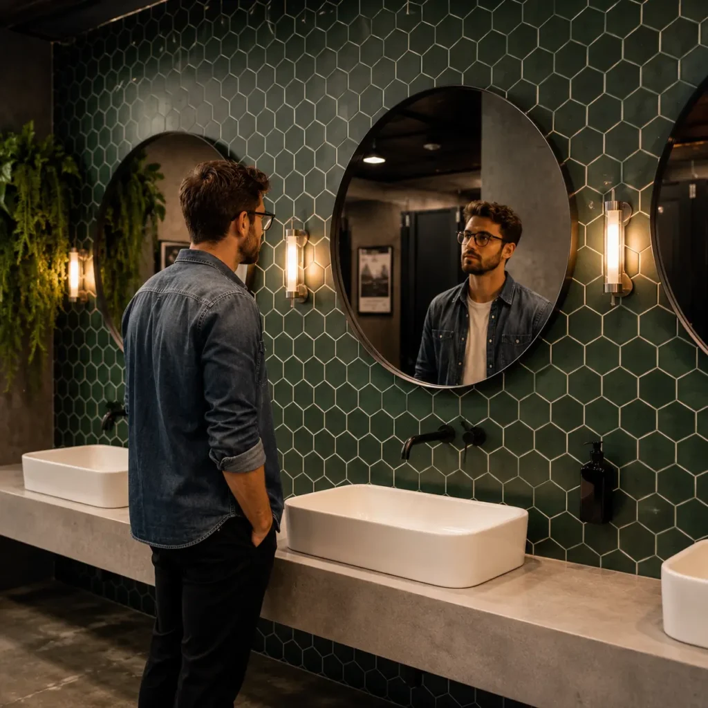 Modern London office washroom with green hexagon wall tiles and black basin taps