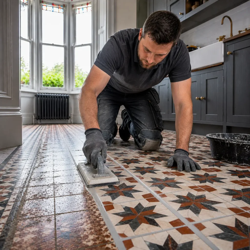 Professional tiler restoring Victorian geometric floor tiles with fresh epoxy grout inside a bright London kitchen