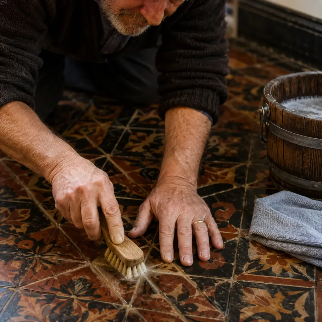 Older man carefully cleaning discoloured grout on decorative Victorian floor tiles using a soft brush and gentle solution