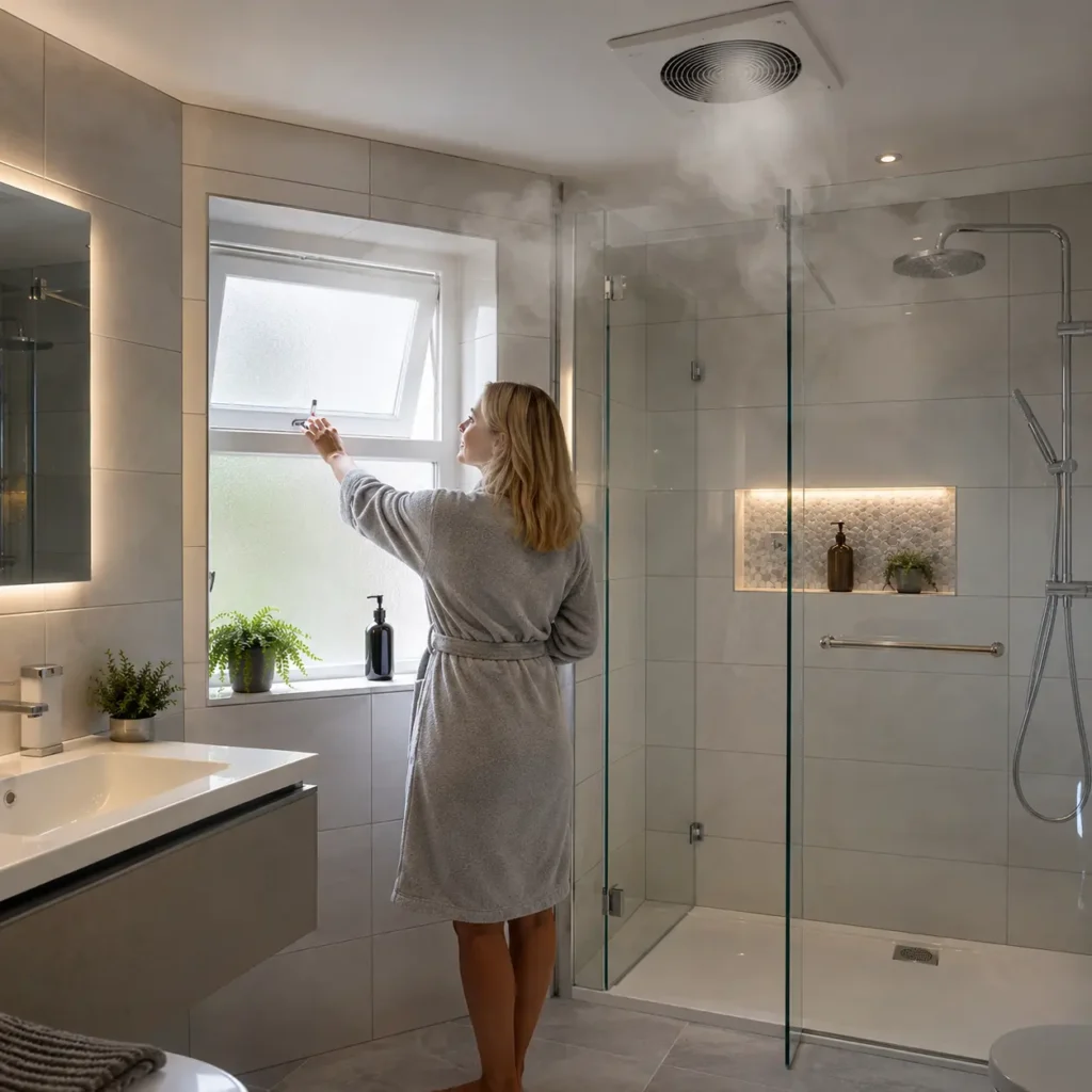 Bathroom with porcelain wall tiles, extractor fan, and woman opening frosted window to reduce moisture buildup