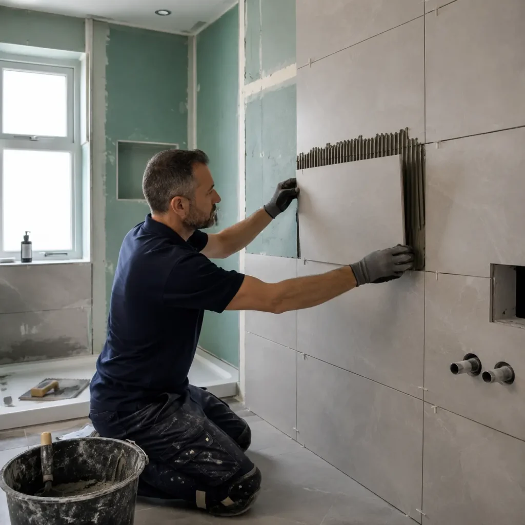 Professional tiler fitting porcelain bathroom wall tiles with waterproof preparation boards in a London flat.