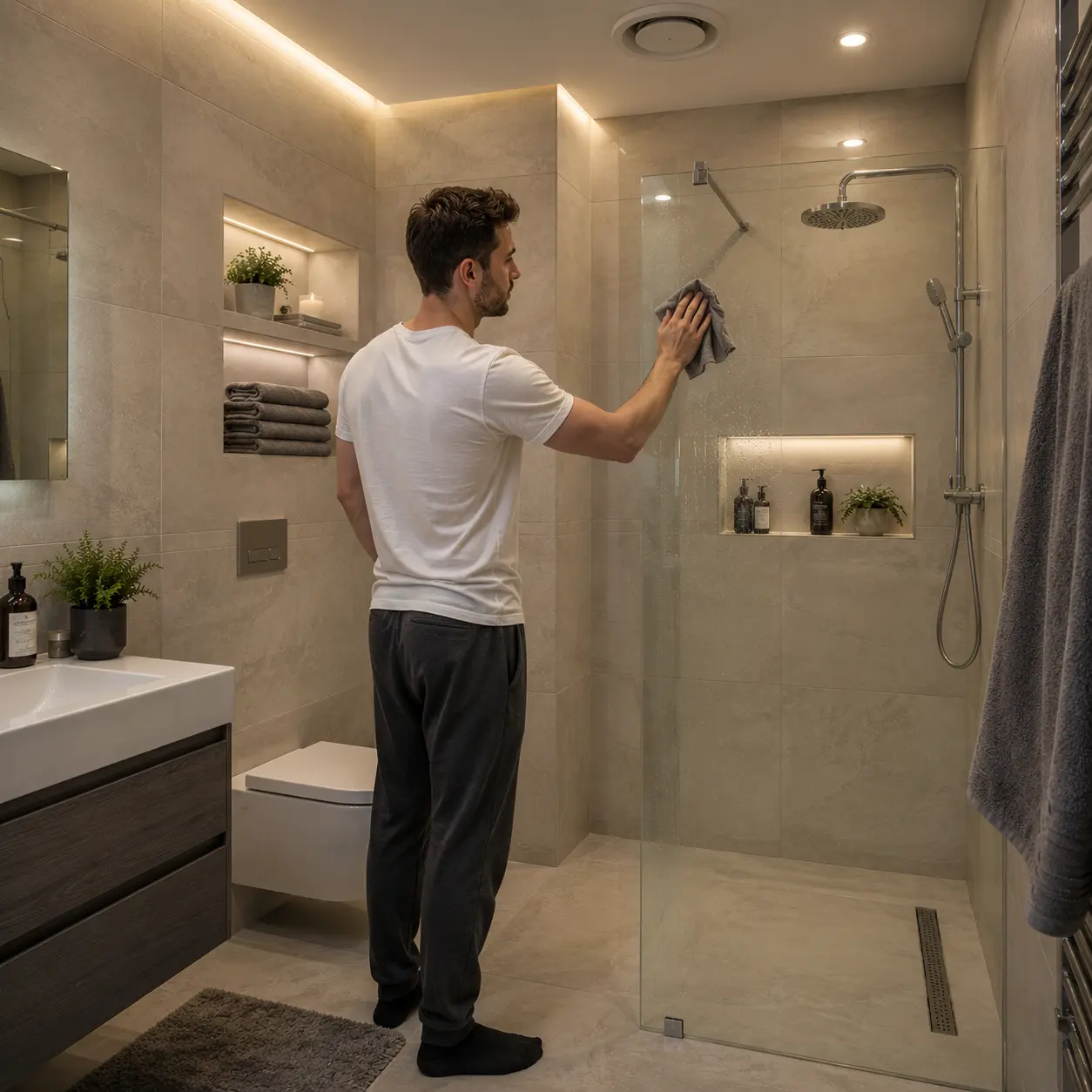 Small London bathroom with stone effect wall tiles and man drying shower glass to reduce damp buildup.