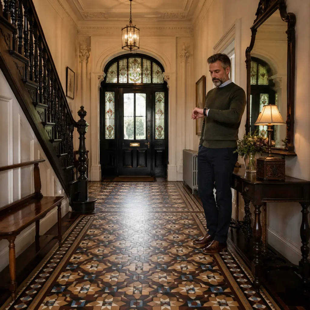 Man standing in elegant Victorian hallway with restored geometric mosaic floor tiles inside a traditional London townhouse