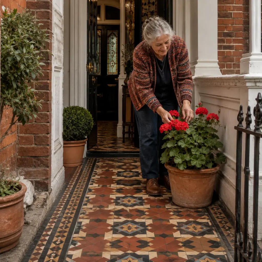 Older woman arranging potted flowers beside decorative Victorian porch tiles outside a traditional British terraced home