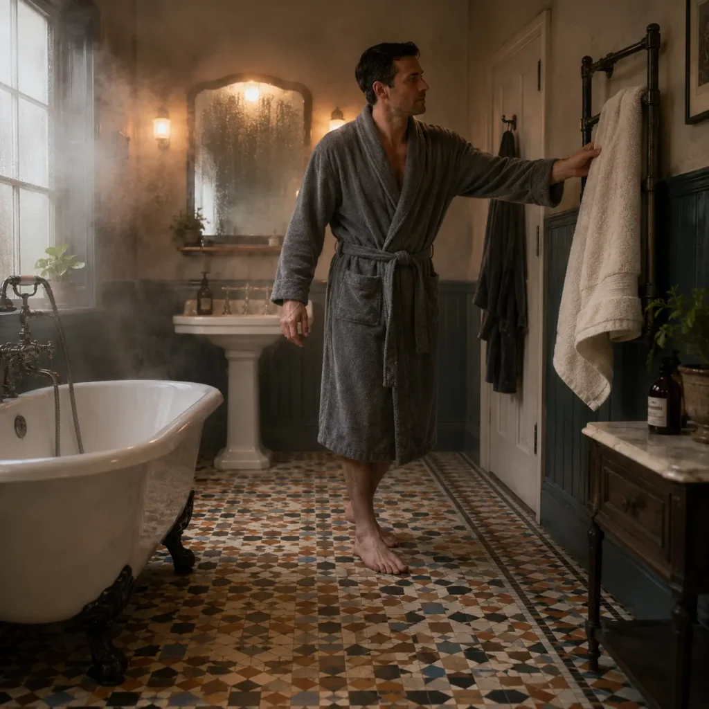 Man standing in a traditional London bathroom with decorative Victorian mosaic floor tiles and freestanding bath