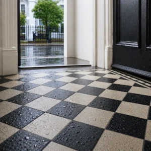 Wet black and white Victorian checkerboard floor tiles inside a London entrance porch during rainy weather