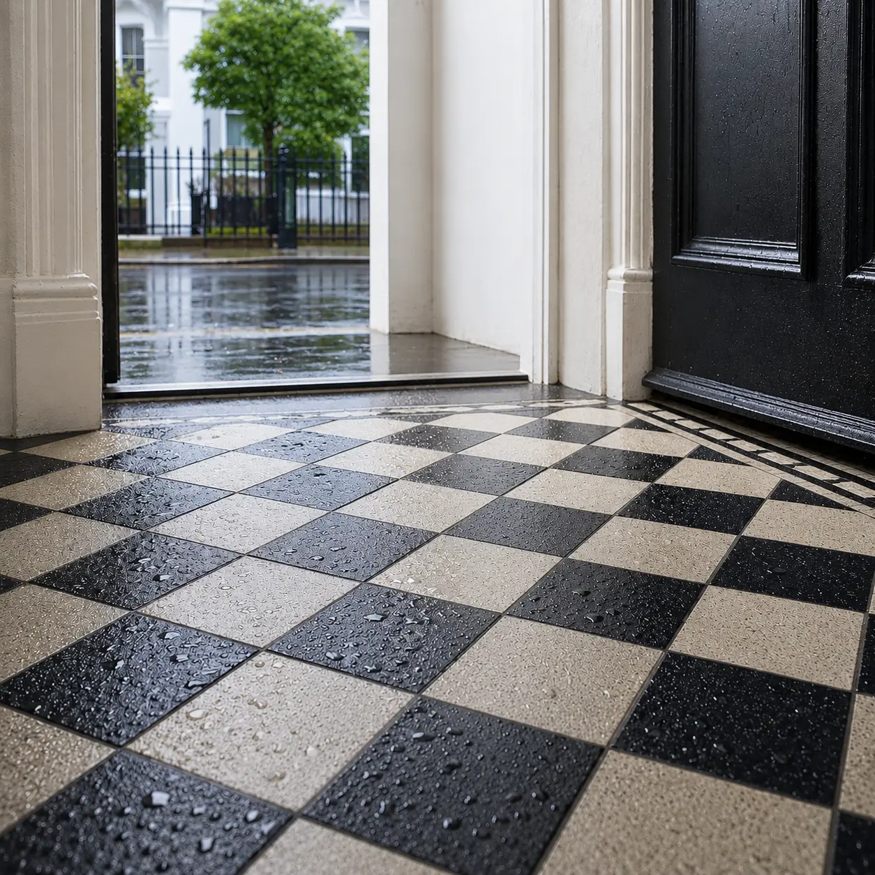 Wet black and white Victorian checkerboard floor tiles inside a London entrance porch during rainy weather