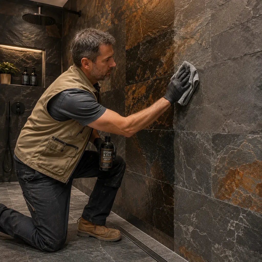 Professional maintenance worker sealing natural slate wall tiles inside a luxury wet room with textured stone finishes and linear drain
