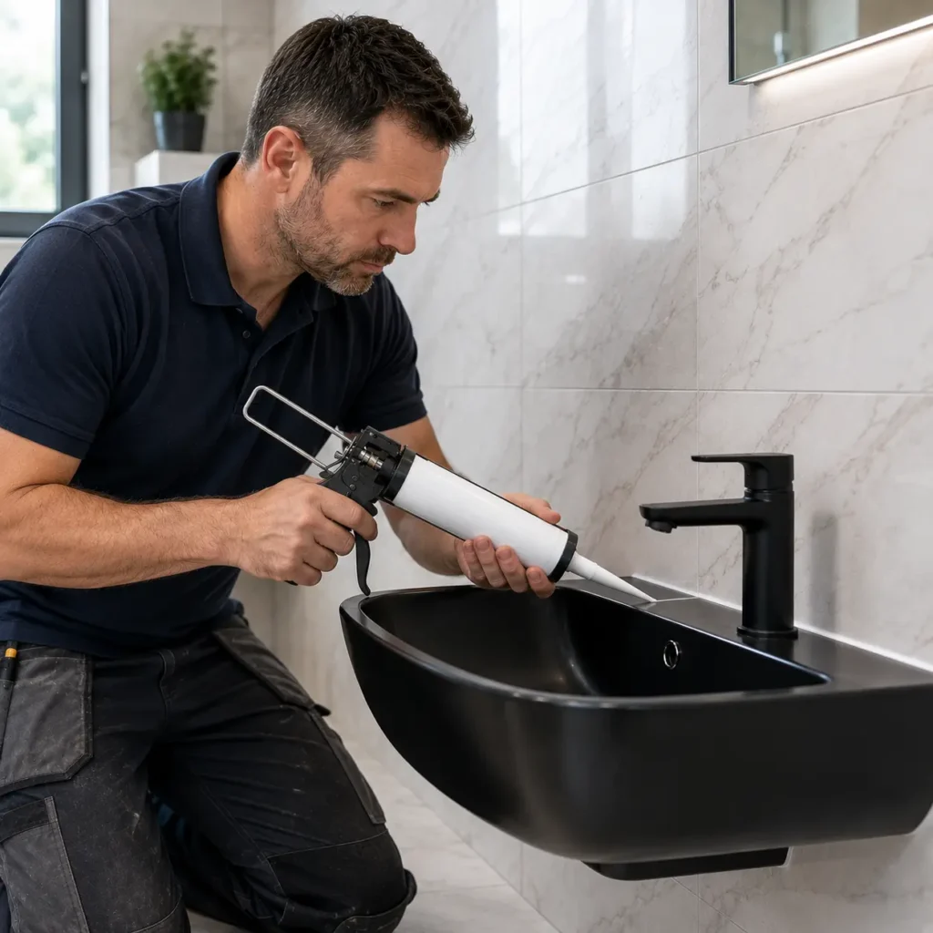Professional tiler applying anti mould silicone sealant around a black wall mounted basin with marble effect porcelain wall tiles
