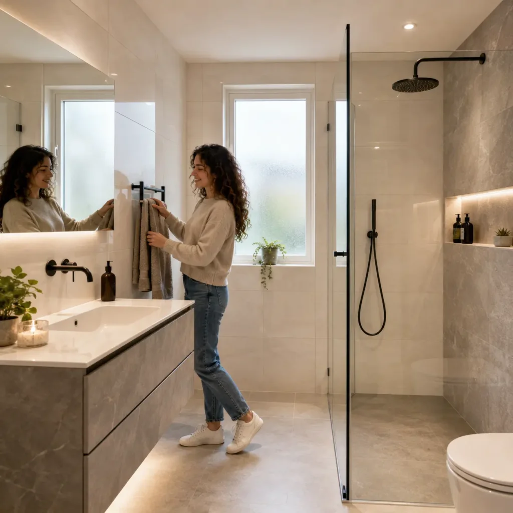 Modern London apartment bathroom with off white porcelain wall tiles, floating vanity, frameless shower, and warm ambient lighting