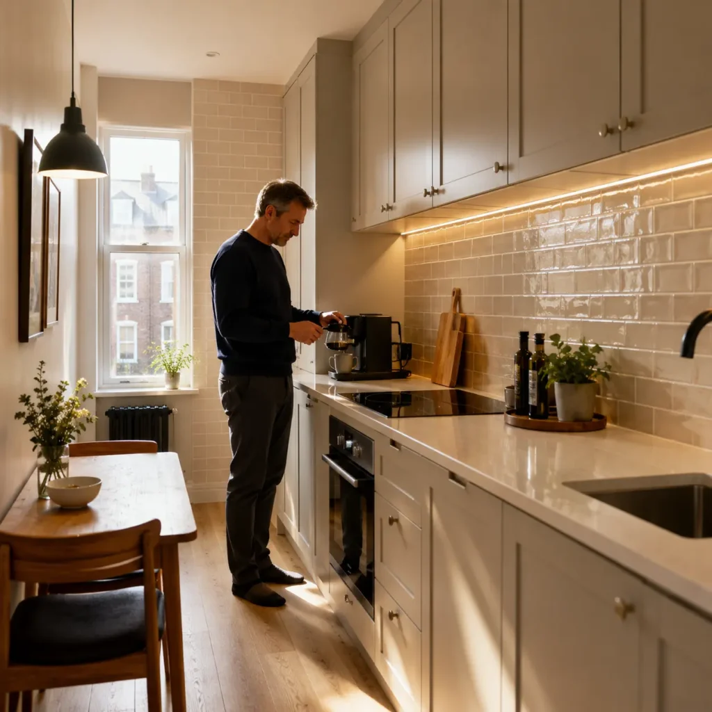 Contemporary narrow London apartment kitchen with vertical subway wall tiles, shaker cabinets, wood flooring, and compact dining area