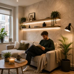 Small London apartment living room with geometric feature wall tiles, Scandinavian décor, floating shelves, and cosy modern styling