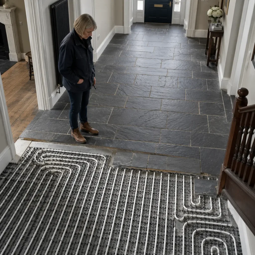 Woman inspecting dark Victorian slate tiles beside exposed water underfloor heating pipes in a traditional British hallway extension