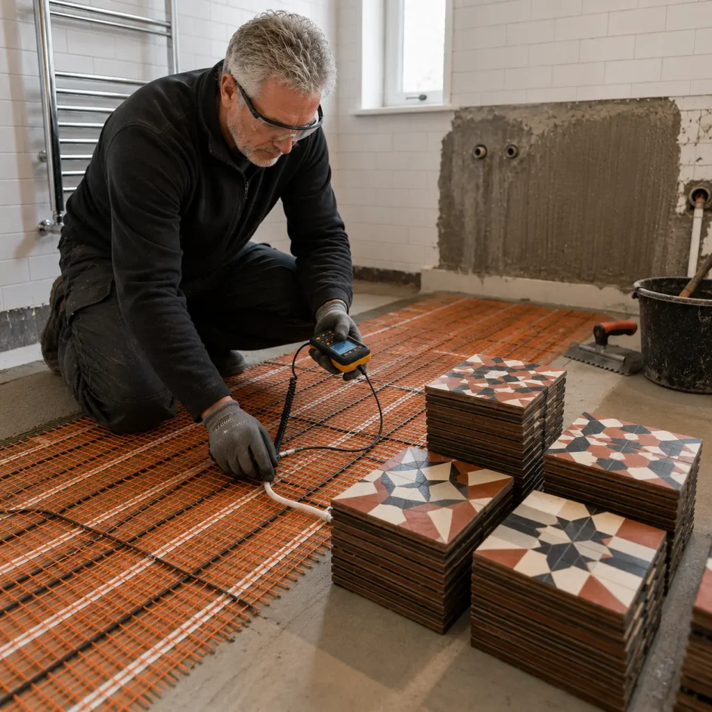 Professional tiler installing electric underfloor heating beneath encaustic Victorian floor tiles during bathroom renovation in London