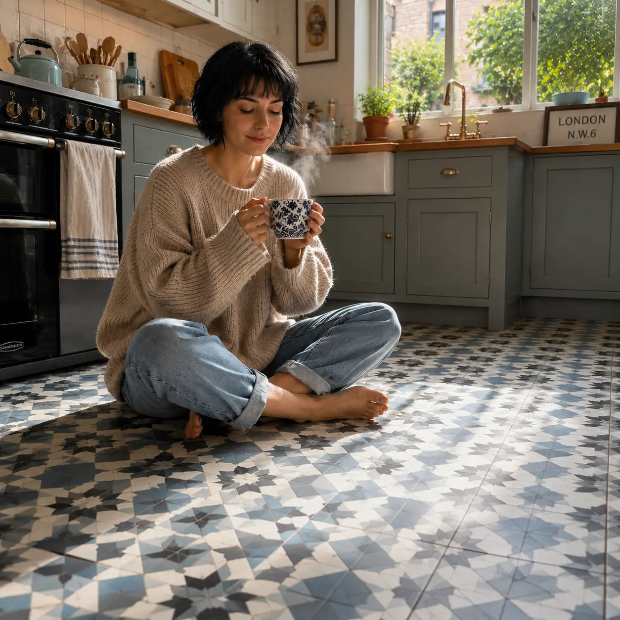 Woman sitting on patterned Victorian kitchen tiles with underfloor heating inside a cosy London home interior