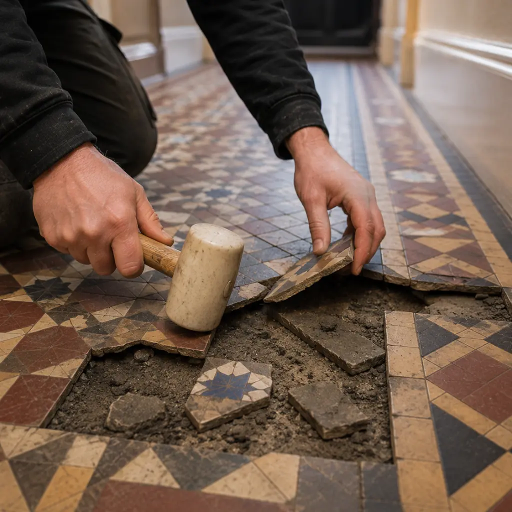Loose Victorian hallway tiles exposing failed adhesive beneath damaged flooring 
