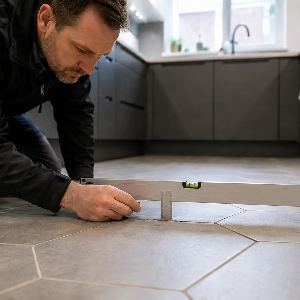 Inspector measuring tile lippage on uneven kitchen floor installation defect