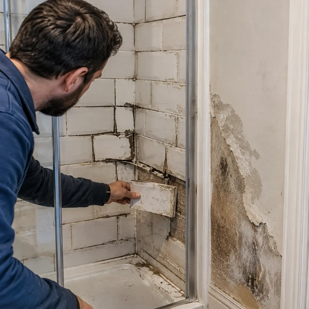 Homeowner discovering shower waterproofing failure causing hidden moisture damage