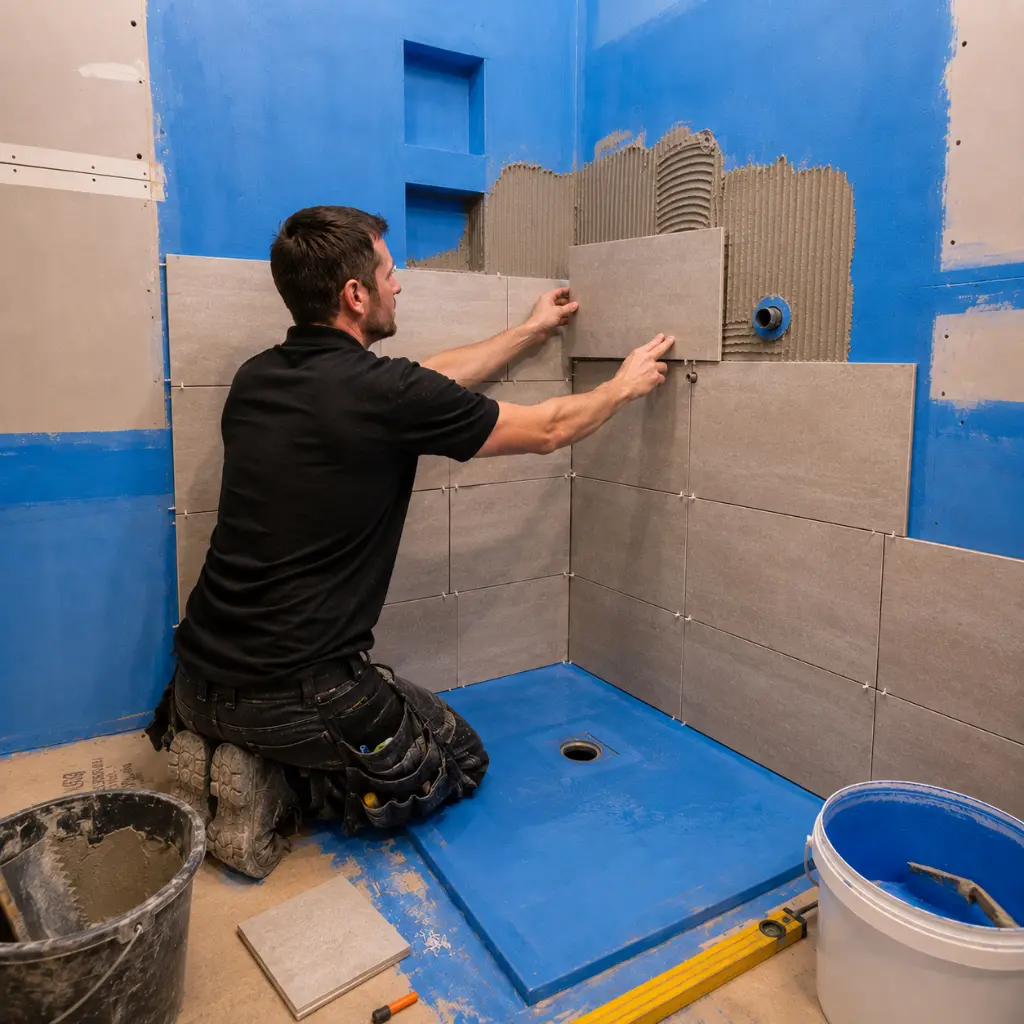 Professional tiler installing porcelain wall tiles inside waterproofed shower enclosure