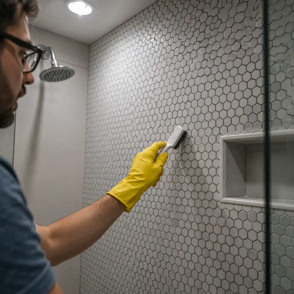 Resident scrubbing shower grout between white hexagon mosaic bathroom tiles.