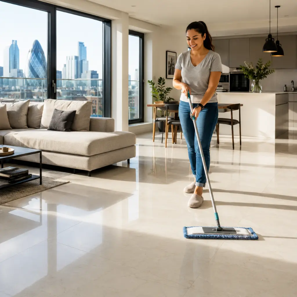 Resident cleaning large porcelain floor tiles inside modern London apartment.