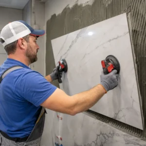 Professional tiler positioning large porcelain wall tile using suction lifters