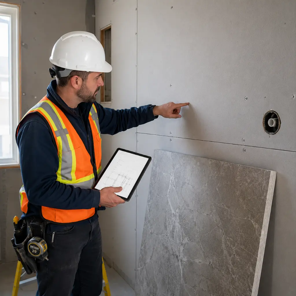 Surveyor inspecting cement backer board before heavy tile installation