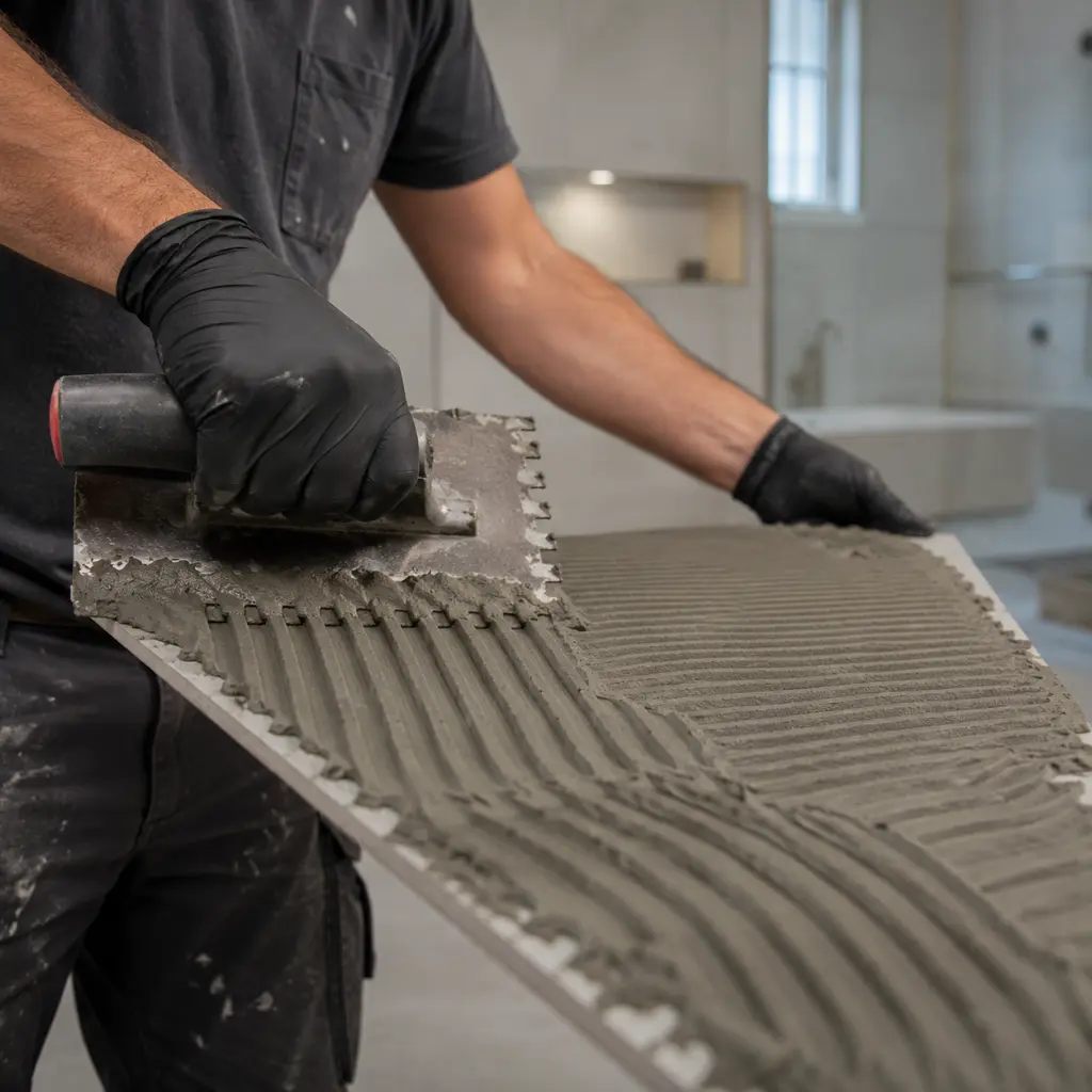 Tiler applying flexible adhesive onto large porcelain tile before installation