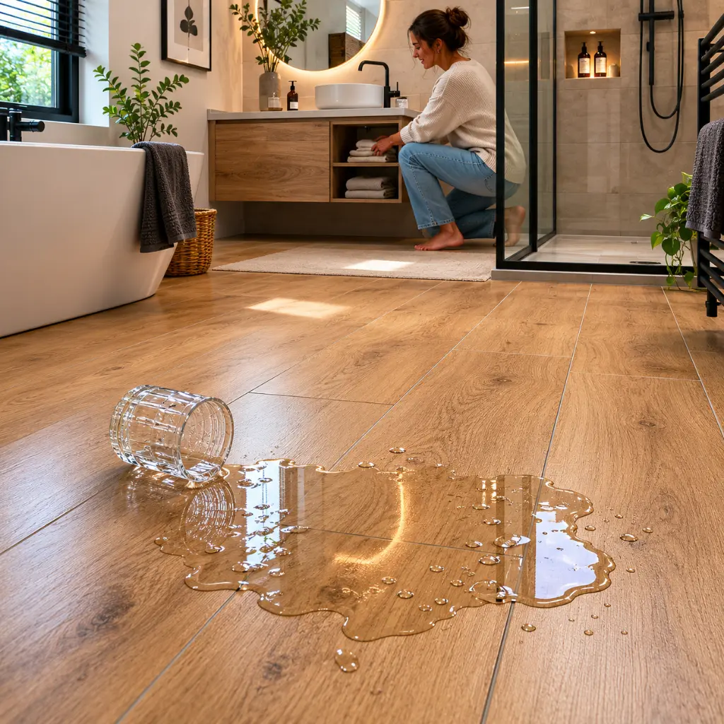 Wood effect porcelain bathroom floor resisting water spill without damage.