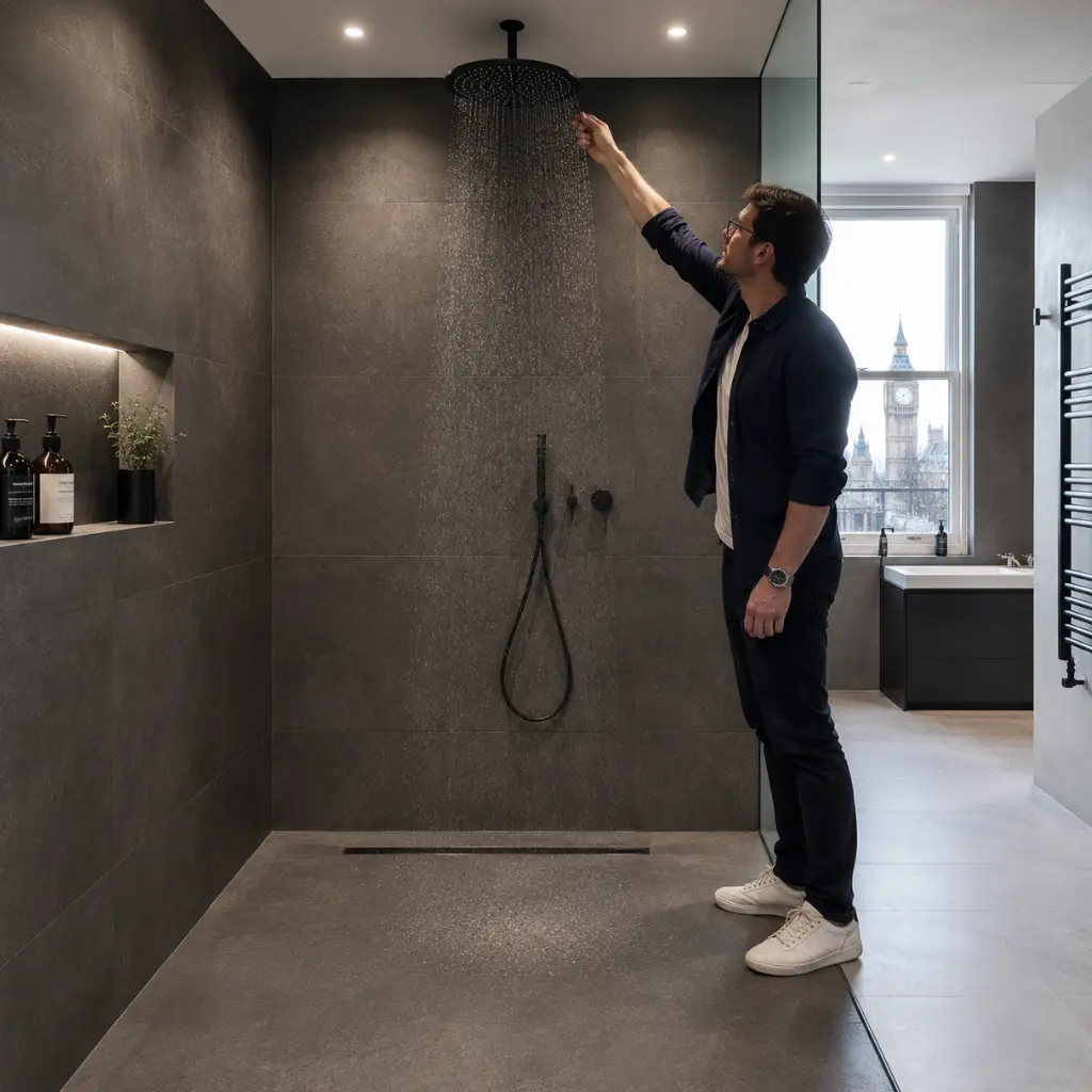 Modern London wet room featuring large porcelain panels and shower.