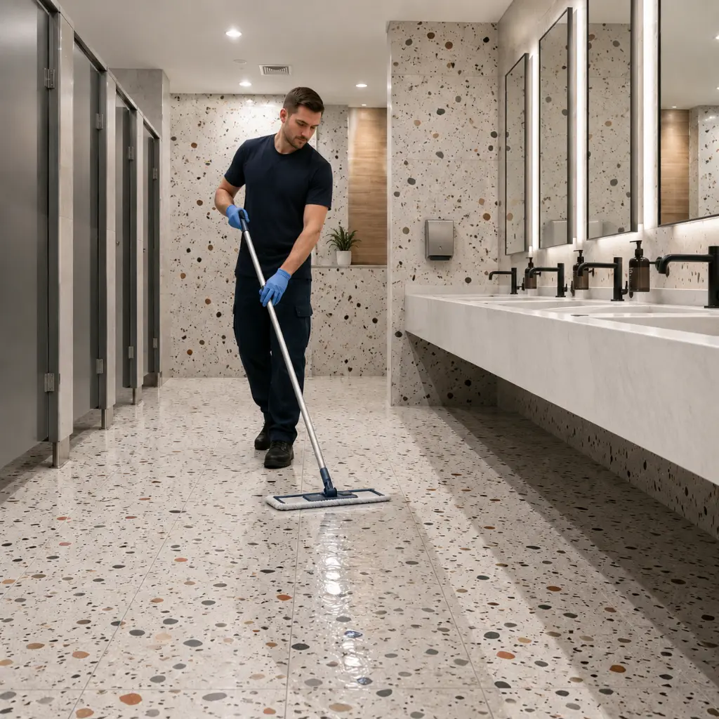 Maintenance worker cleaning terrazzo porcelain floor in modern public washroom.