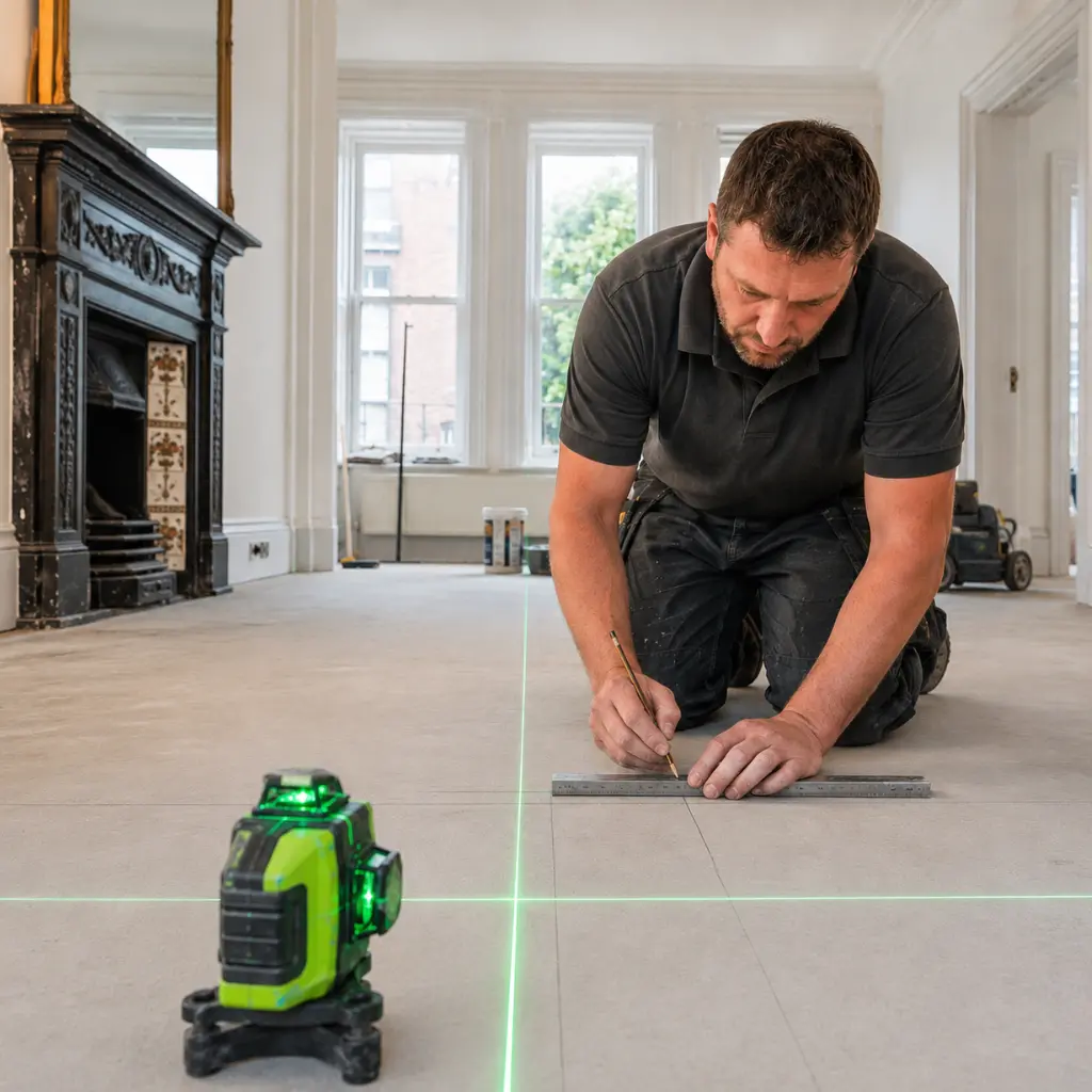 Professional tiler using laser level marking floor layout in London.