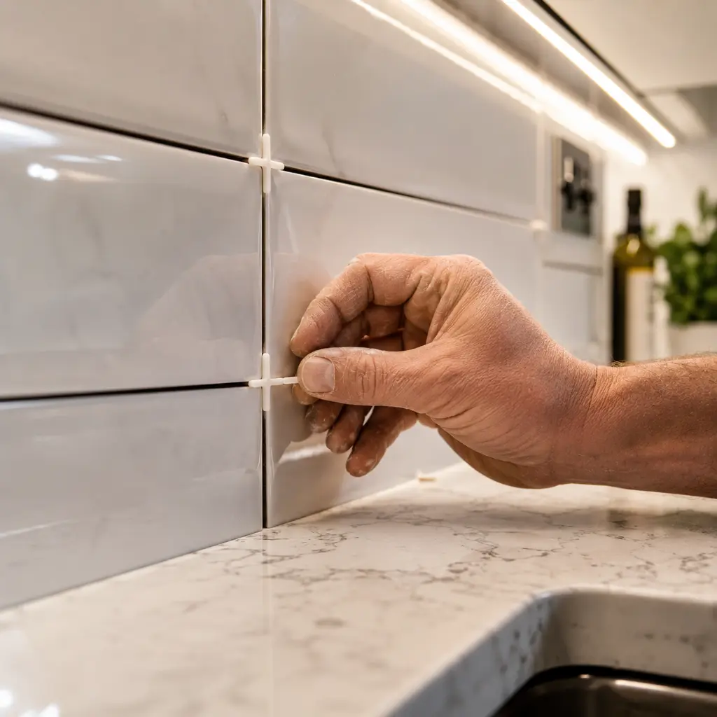 Hand positioning tile spacer ensuring perfectly aligned kitchen splashback tiles.