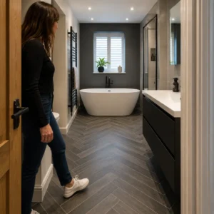 Homeowner entering bathroom featuring charcoal herringbone porcelain floor tiles