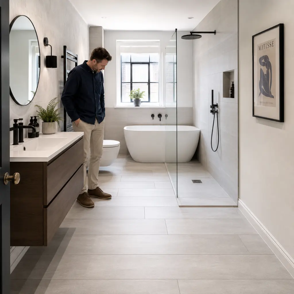 Designer inspecting horizontally laid porcelain tiles in narrow bathroom