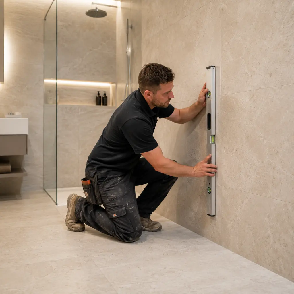 Male tiler checking travertine bathroom wall alignment using spirit level