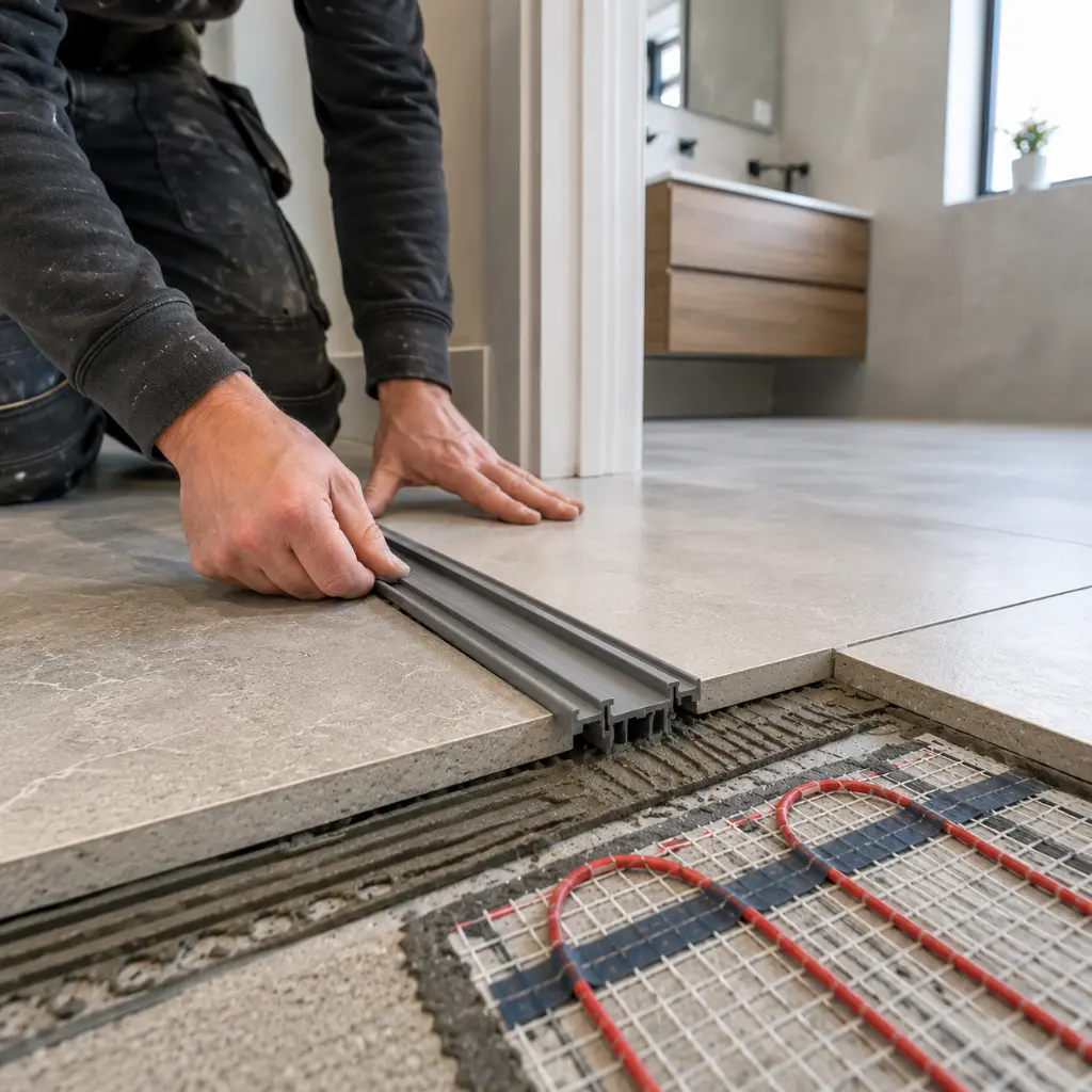 Installer fitting movement joint above underfloor heating beneath tiles