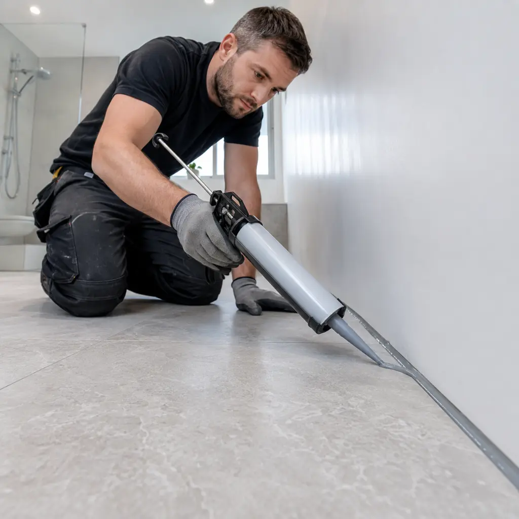 Tiler applying flexible silicone sealant along bathroom expansion joint boundary